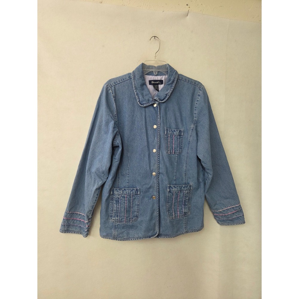 Denim & Co Jacket Womens XL Blue Embroidered Button Up Lined Chore Barn Coat Vtg